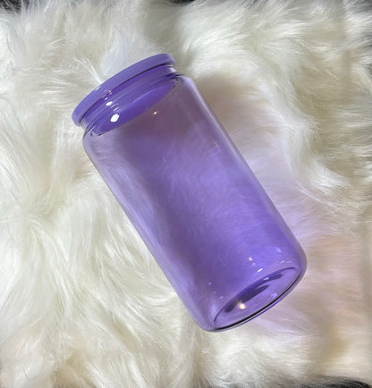 16oz jelly colored glass can cup w/ plastic lid and plastic straw