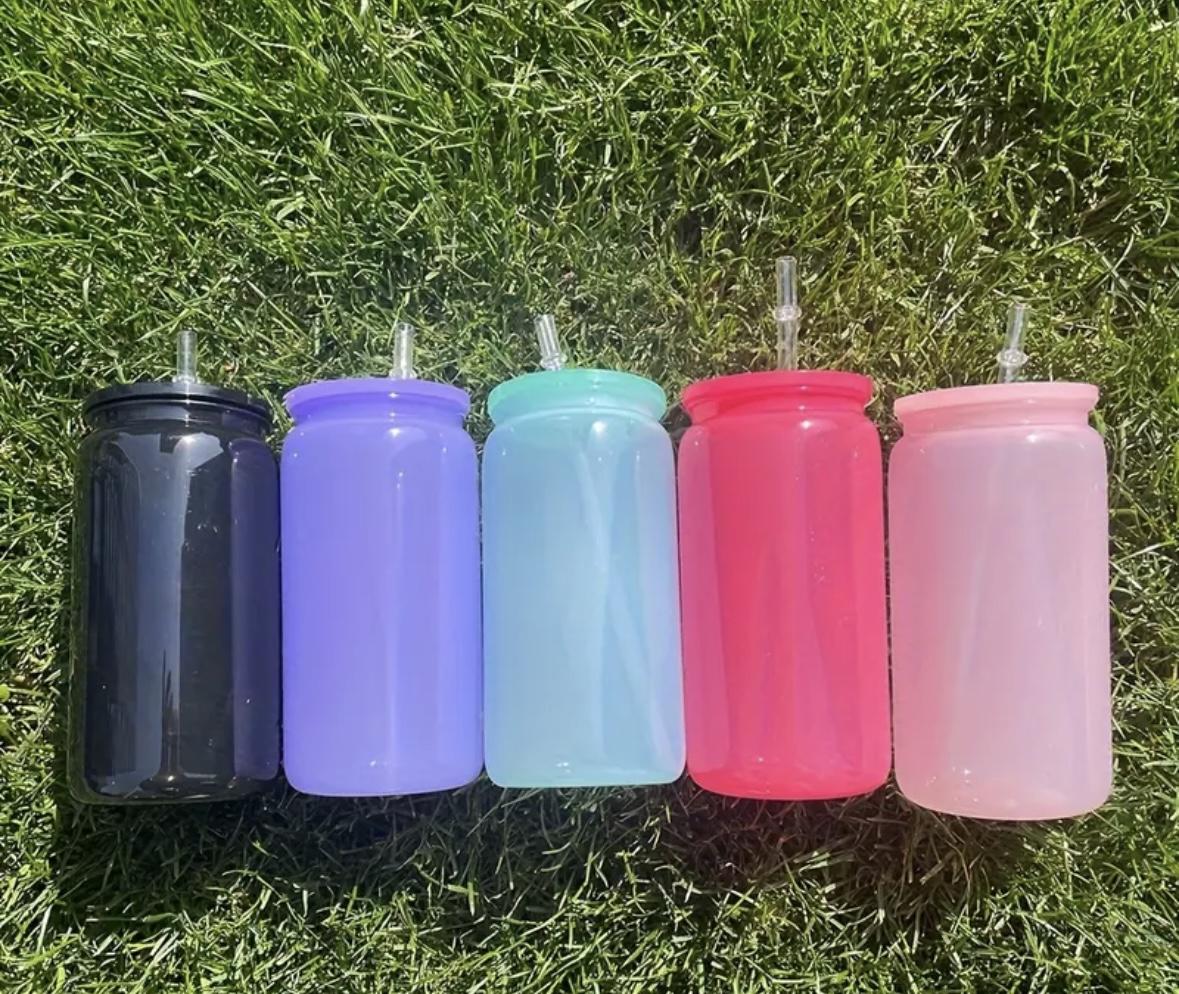 16oz Macaron Plastic Can Cups with Plastic Lid and Plastic Straw ideal for UV DTF Wraps