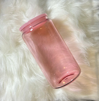 16oz jelly colored glass can cup w/ plastic lid and plastic straw