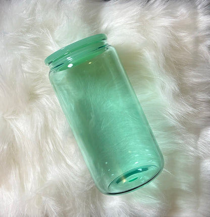 16oz jelly colored glass can cup w/ plastic lid and plastic straw