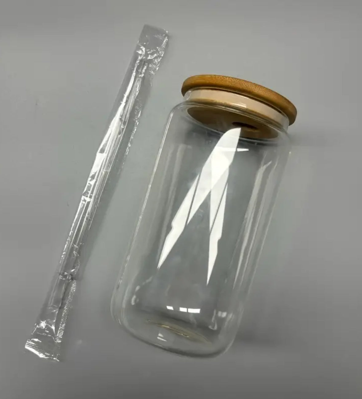 16oz Glass Cup W/ Bamboo Lid, Plastic Straw