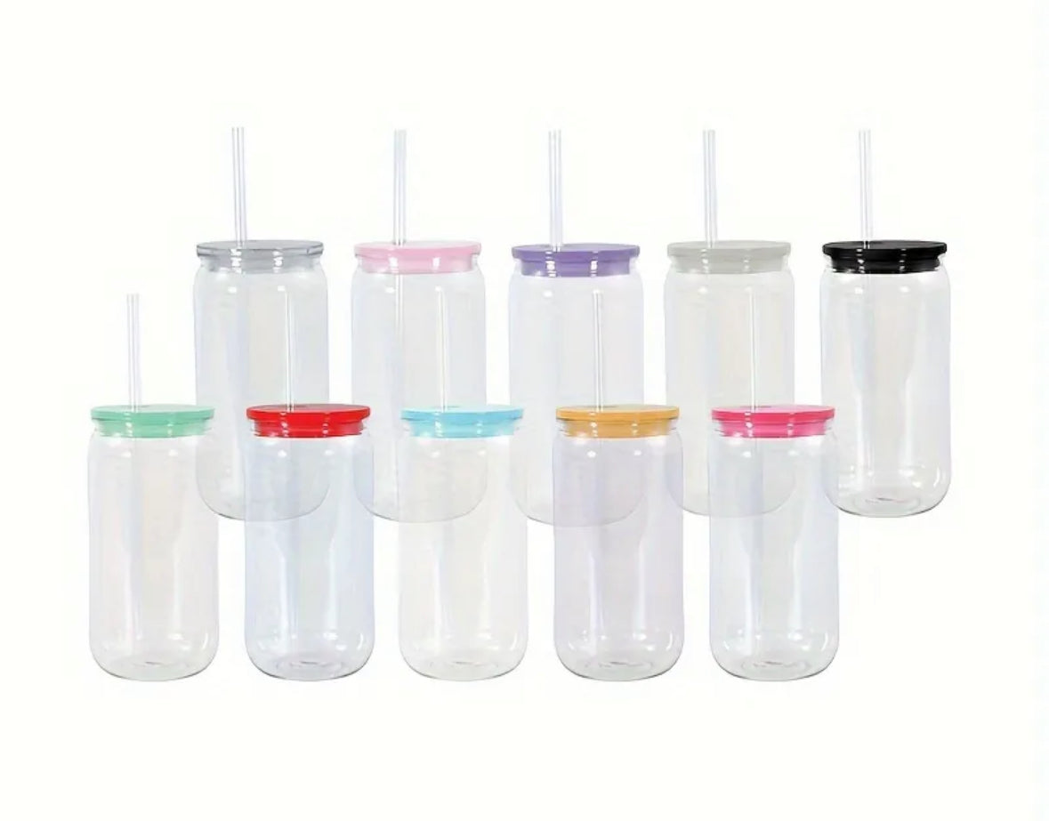 16oz Blank Plastic Can Cup W/ Colored Lid, Straw