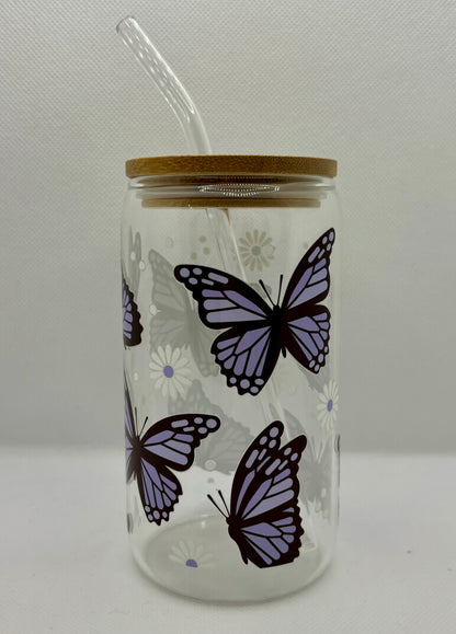 BUTTERFLIES 16OZ GLASS CAN CUP