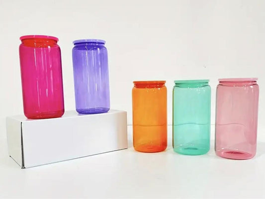 16oz jelly colored glass can cup w/ plastic lid and plastic straw