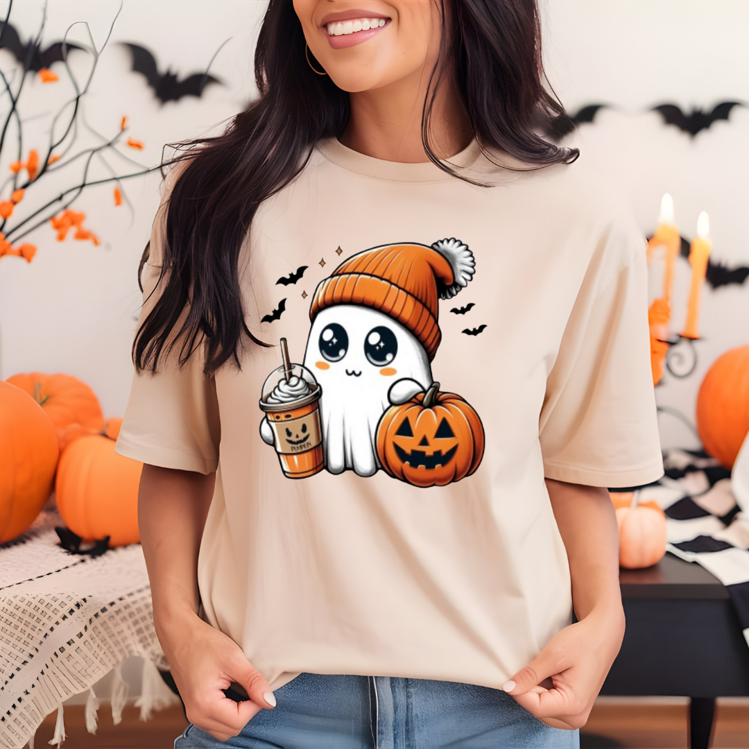 Ready To Press DTF Transfer-Ghost with Pumpkin & Coffee/ Shirt not Included*